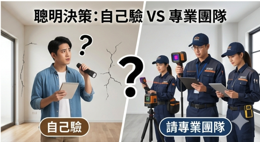 自行驗屋與專業驗屋比較圖,差異包括費用、工具、檢測深度、交涉能力與潛在風險