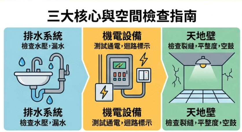 預售屋與新成屋驗屋三大檢查重點示意,包含排水系統、機電設備與天地壁細節