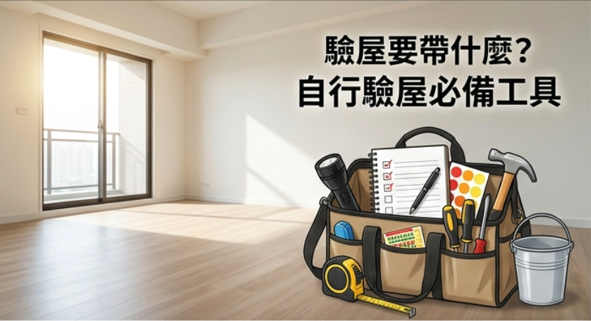 2026 自行驗屋工具包清單,包含手電筒、空鼓棒、水平儀、水管、小夜燈與紙膠帶等常見驗屋用品